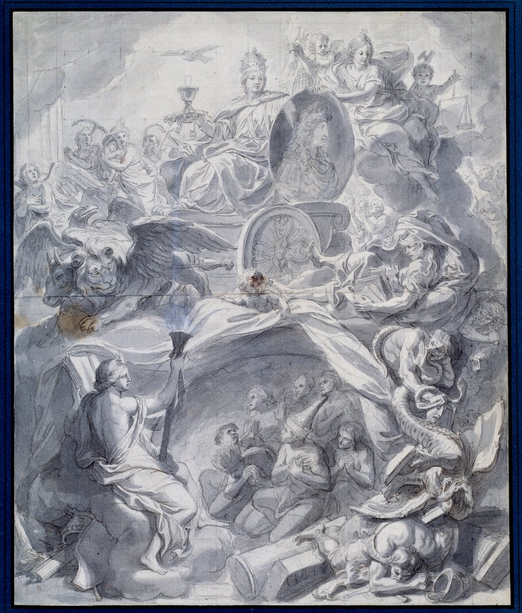 Alegorie: ""Vítězná církev kacířství aneb Triumf náboženství"" Kresba kvaše a mytí dílny Charlese Lebruna (Le Brun) (1619-1690) Paříž 17. století, Musee du Louvre od Charles (studio of ) Le Brun