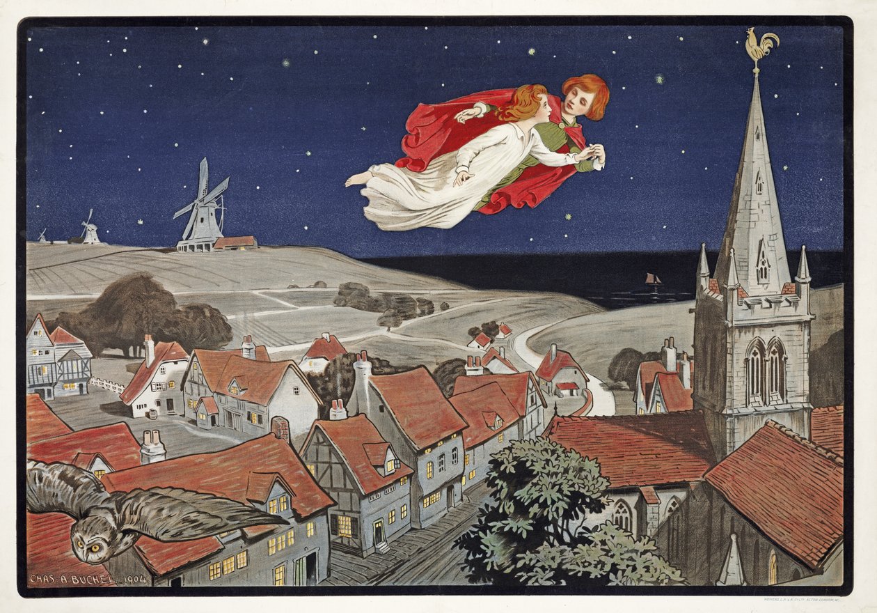 Peter a Wendy Flying from Peter Pan od J M Barrie (1860 - 1937), pub.1904 (barevné lito) od Charles A. Buchel