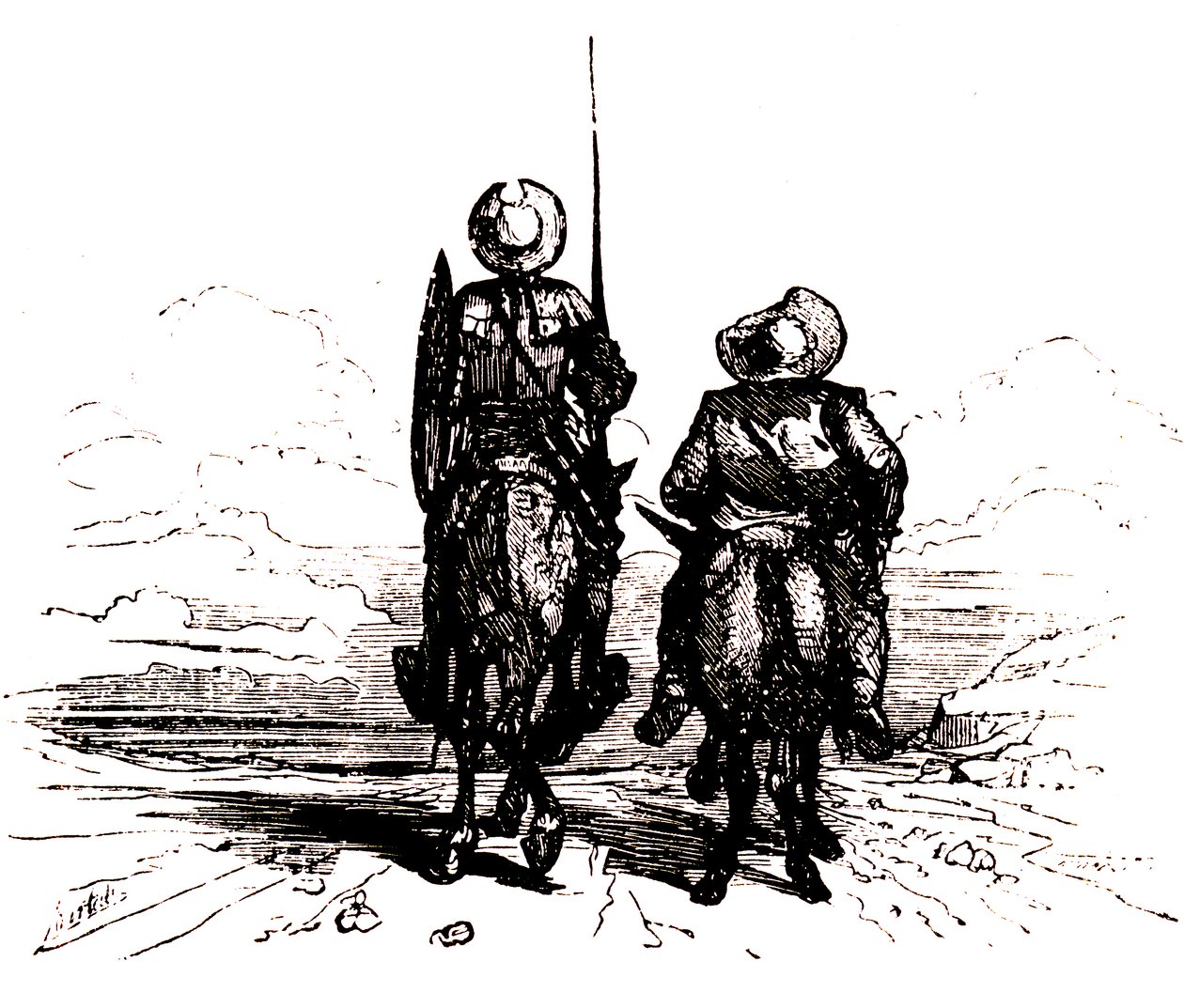 Don Quijote na koni vedle Sancha na oslu. od Charles Albert d