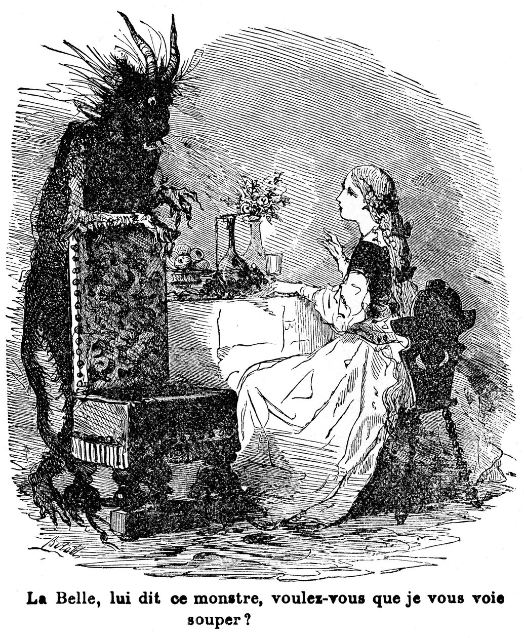 Ilustrace k příběhu paní Jeanne Marie Leprince de Beaumont „Kráska a Bete“, 19. století od Charles Albert dArnoux Bertall