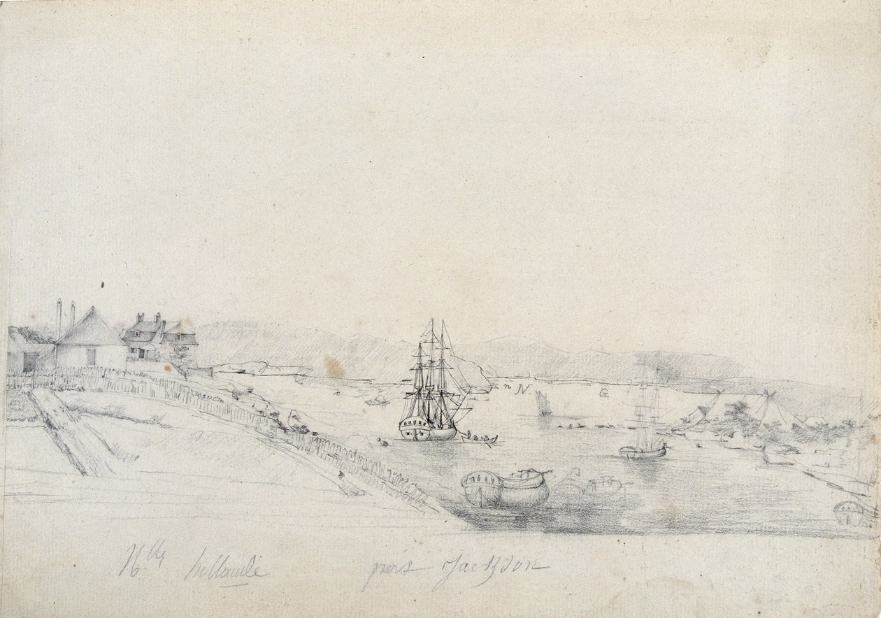 Vpravo tábor Francouzů expedice Baudin do bodu Bennelong, vlevo Sydney, domov Nicolase Bayleyho - tužka a inkoust Charles Alexandre Lesueur od Charles Alexandre Lesueur