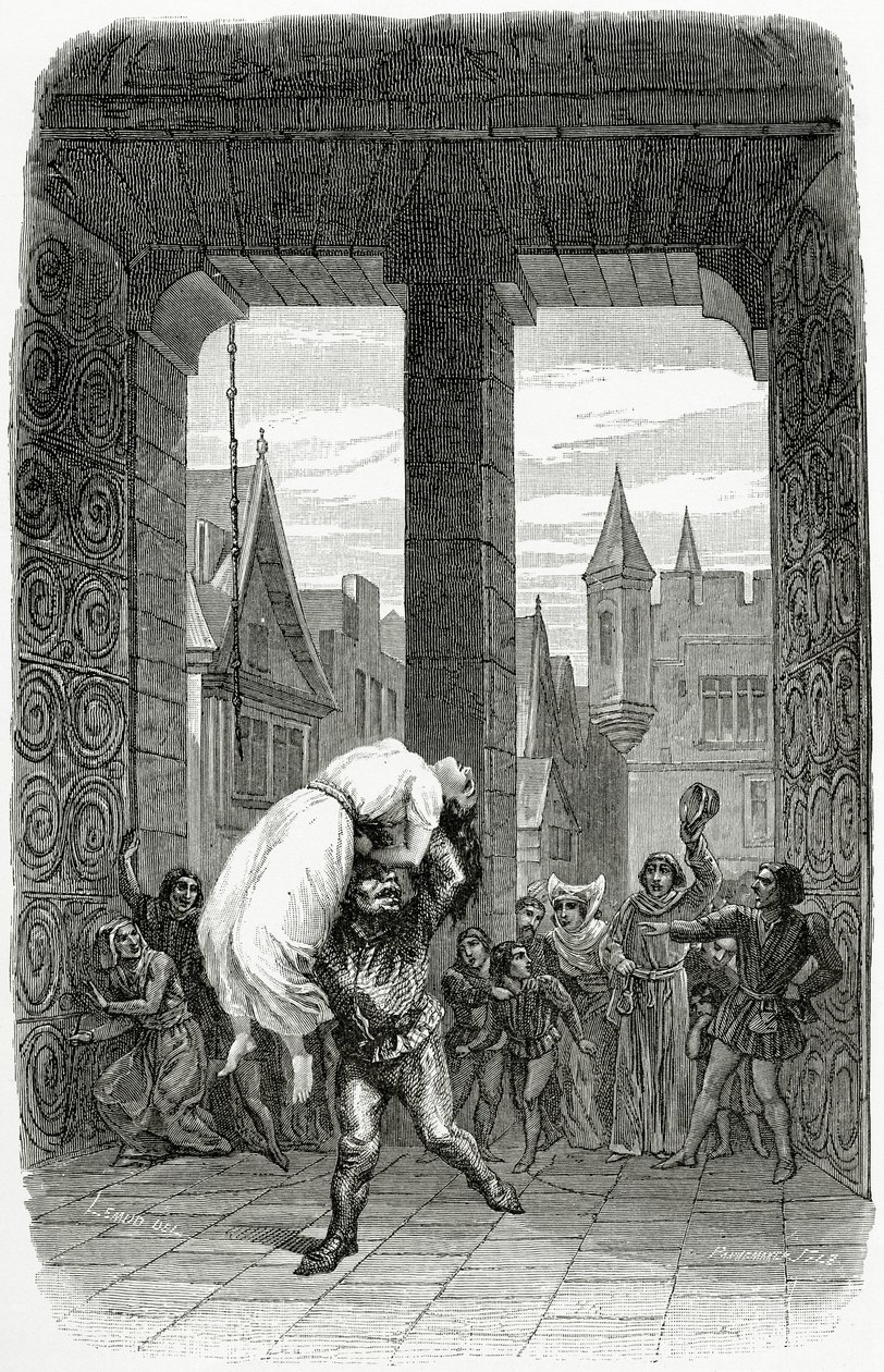 Quasimodo zachraňuje Esmeraldu před popravou - ilustrace z Notre Dame de Paris, 19. století (č. rytina) od Charles Alexandre Lesueur