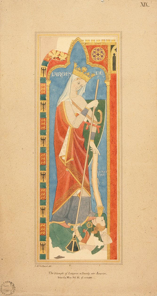 The Virtues Largesce a Debonerete (Largesce) 1819 (akvarel s vyvýšeným zlaceným detailem na papíře) od Charles Alfred Stothard