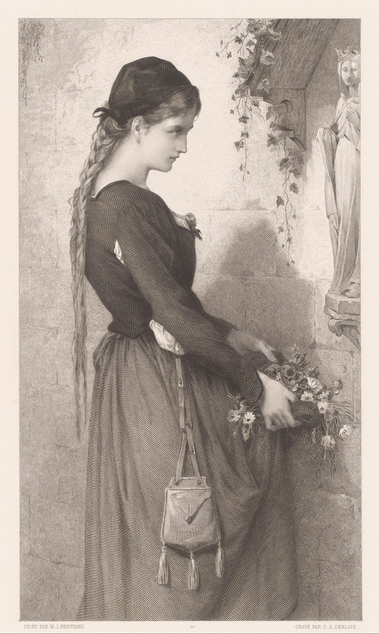 Mladá žena přináší květiny do výklenku se sochou Marie Marguerite (titul na předmětu) od Charles Alphonse Deblois