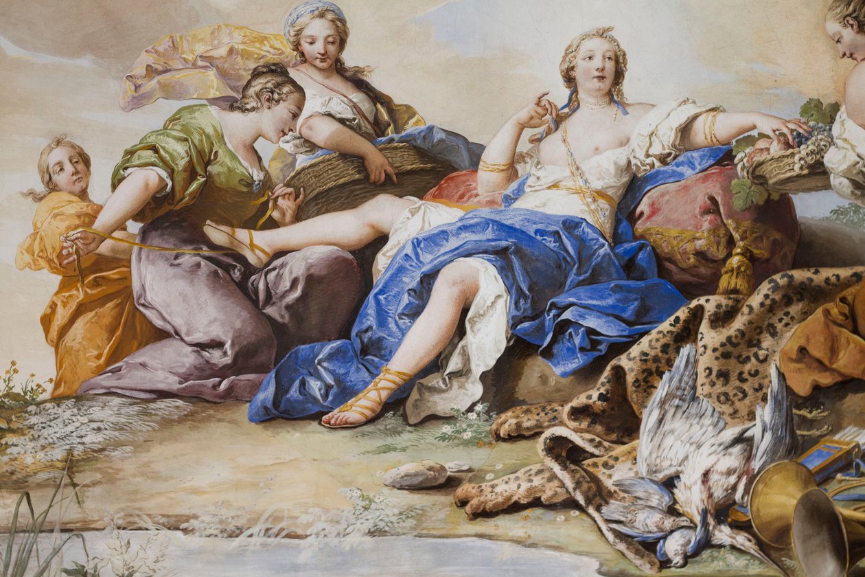 Zbytek Diany mezi nymfami, Charles-Andre van Loo (1705-1765), freska, klenutý strop ložnice, královnin byt, Lovecká rezidence, od Filippa Juvarry (1678-1736). ), Stupinigi, Piemont, Itálie od Charles André van Loo