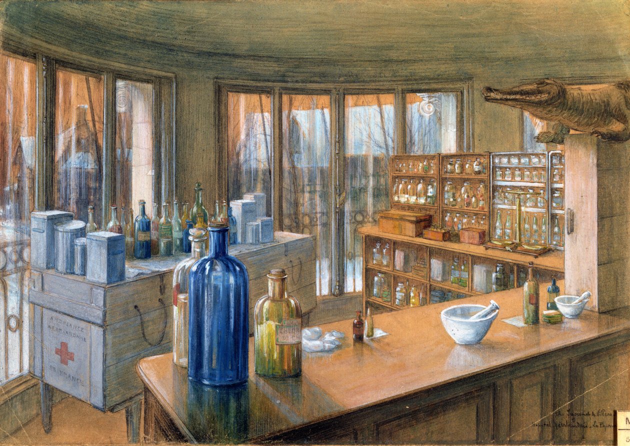 Lékárna holandské vojenské nemocnice v Paříži, 1917 (tužka a křída na papíře) od Charles Andre Igounet de Villers