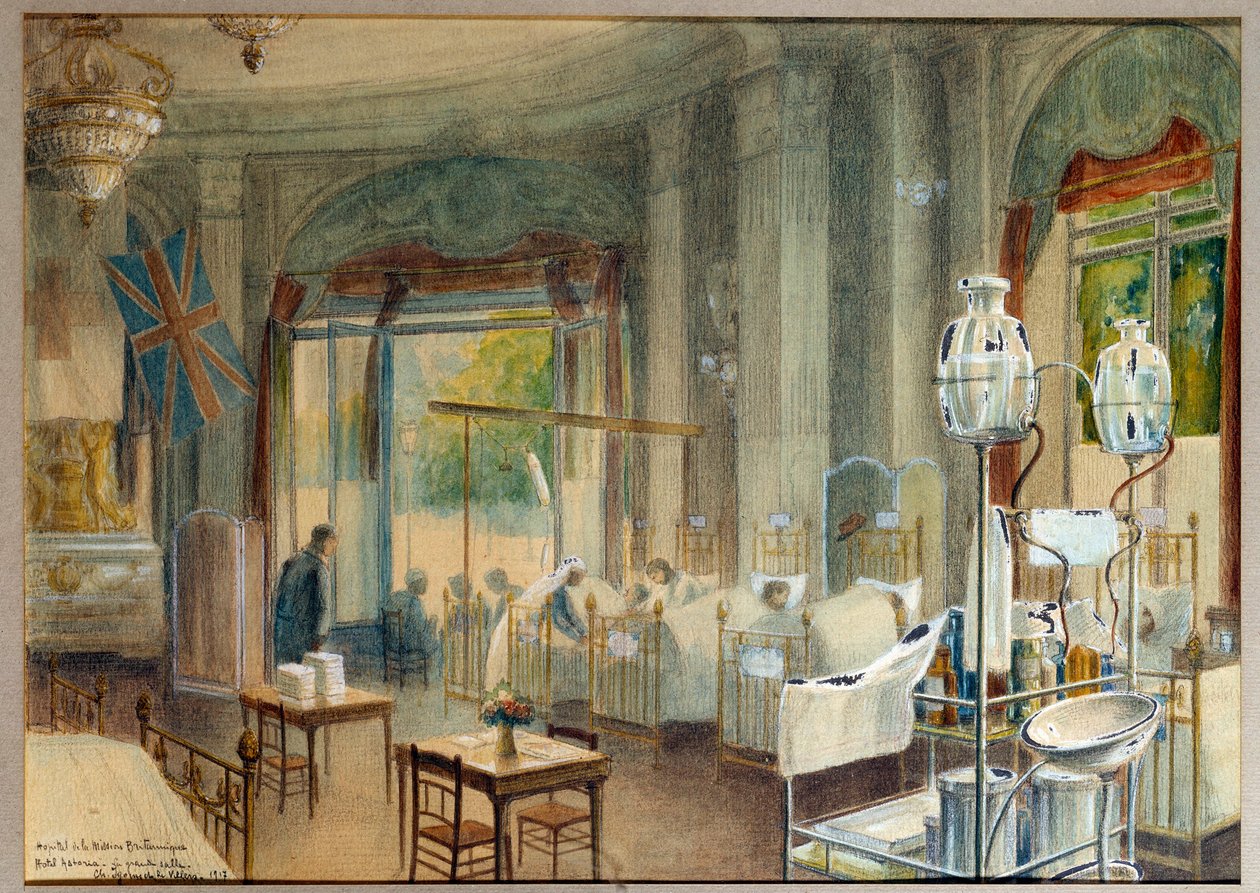 Pohled na velký pokoj britské nemocnice v hotelu Astoria. Obraz Charlese Iguneta De Villerse (1881 - 1944) od Charles Andre Igounet de Villers