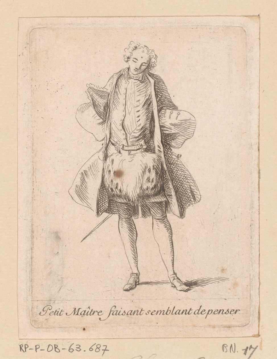 Stojící šlechtic při pohledu zepředu Petit Maître faisant semblant de penser (název na objektu) Figurky režimů (název série) od Charles Antoine Coypel