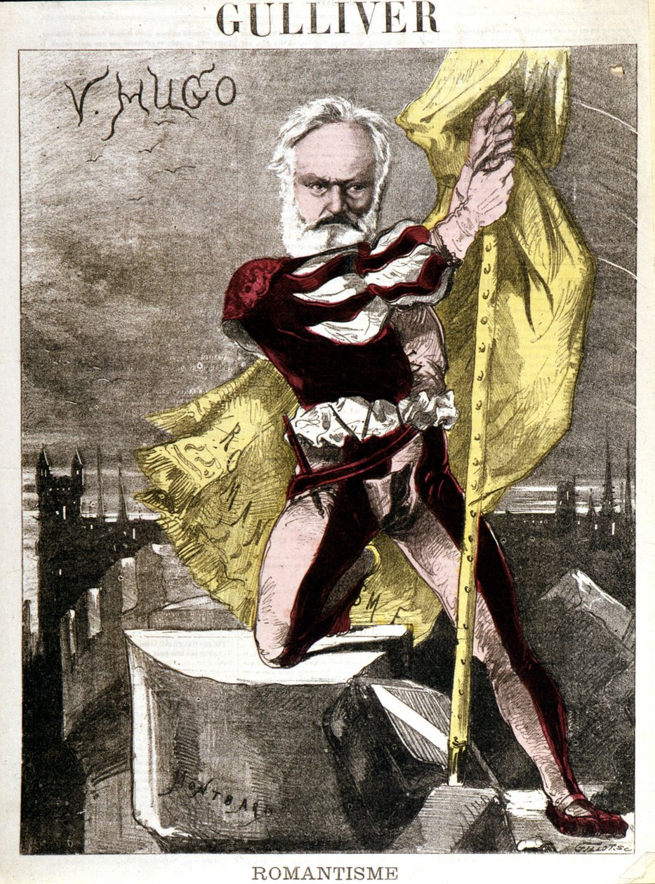 Karikatura Victora Huga od Georgese Montbarda (1841-1905). ""Gulliver - romantismus"" od Charles Auguste Loye