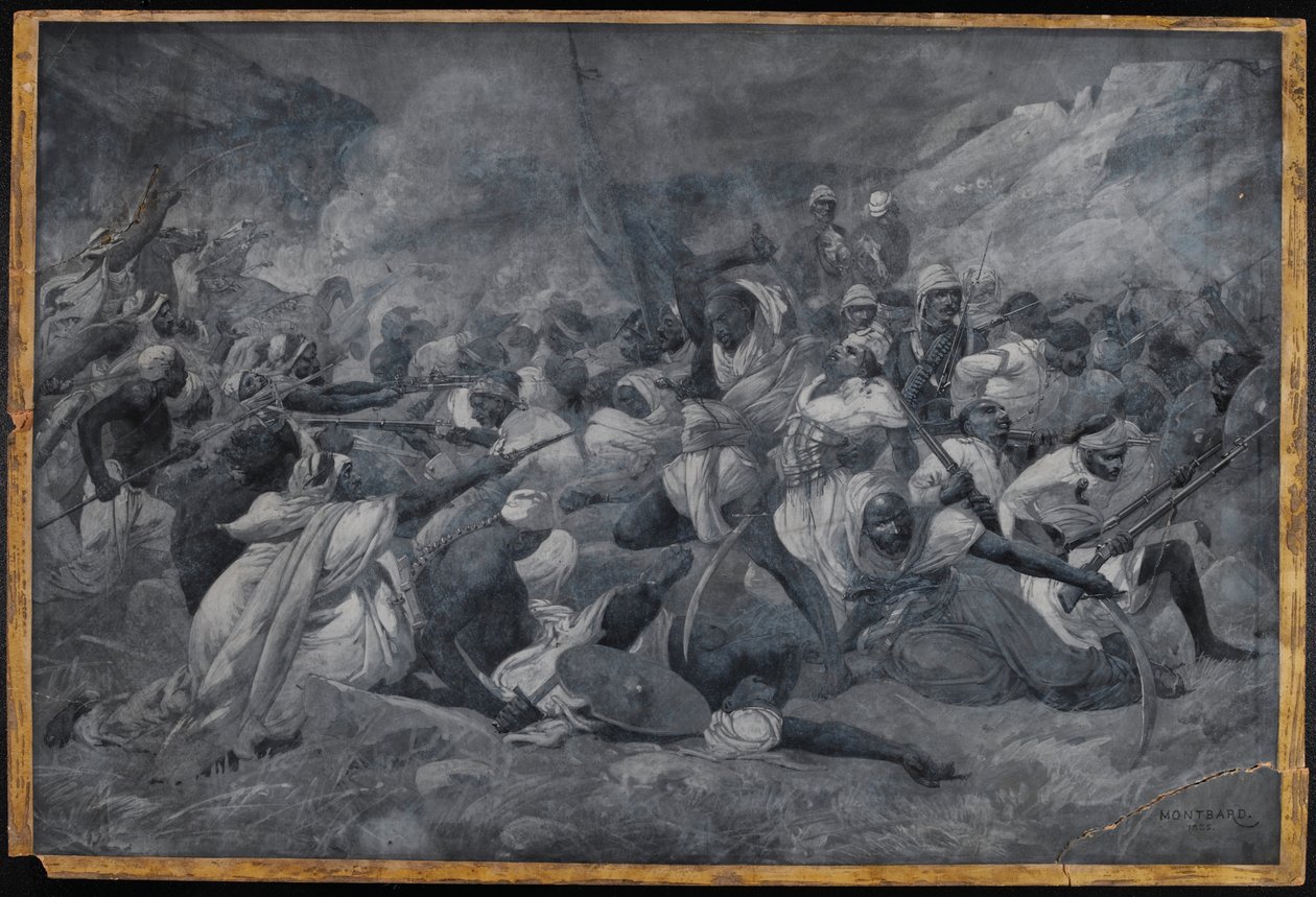 „Porážka egyptské armády pod vedením Hickse Paši silami Mahdího Muhumada Ahmada u El Obeidu“, 5. listopadu 1883 (akvarel en grisaille) od Charles Auguste Loye