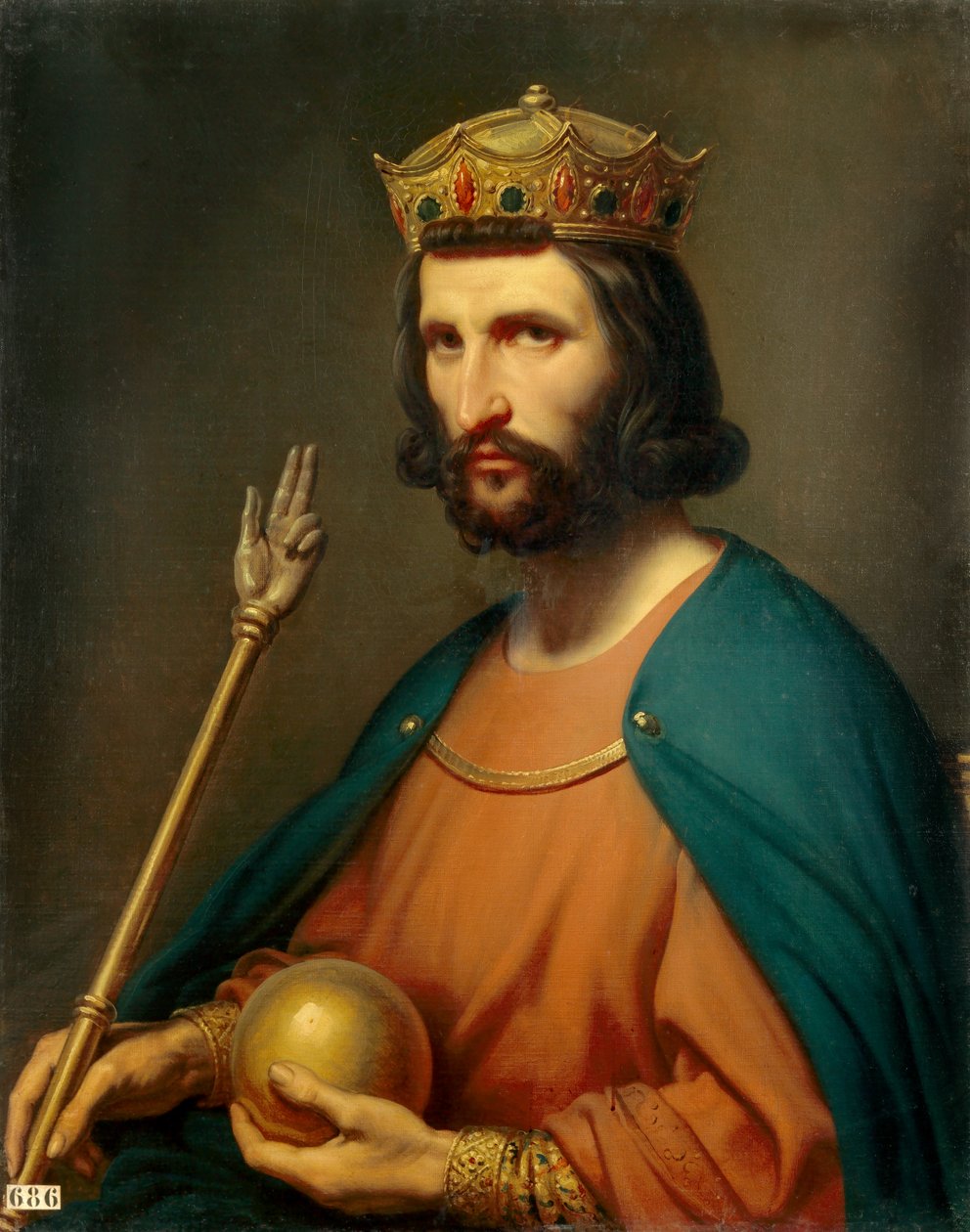 Portrét Hugues Capet (941-996) francouzského krále v roce 987 V ruce drží globus a žezlo, symboly moci. Obraz Charlese de Steuben (1788-1856) 19. století Sun. 0,91 x 0,74 m. - Portrét Huguese Capeta (941-996), francouzského krále v roce 987. od Charles Auguste Steuben
