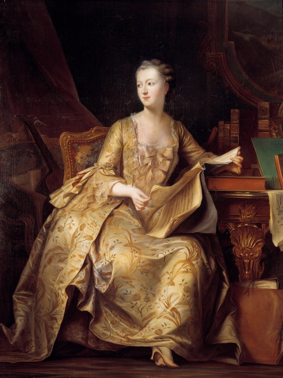 Portrét Jeanne Antoinette Poisson, Madame de Pompadour (známá jako markýza z Pompadour) (1722-1764) držící partituru hudby, Obraz Charlese Auguste Steubena (1788-1856) (ec.alle) 19. století Sun. 1,65x1,32 m od Charles Auguste Steuben