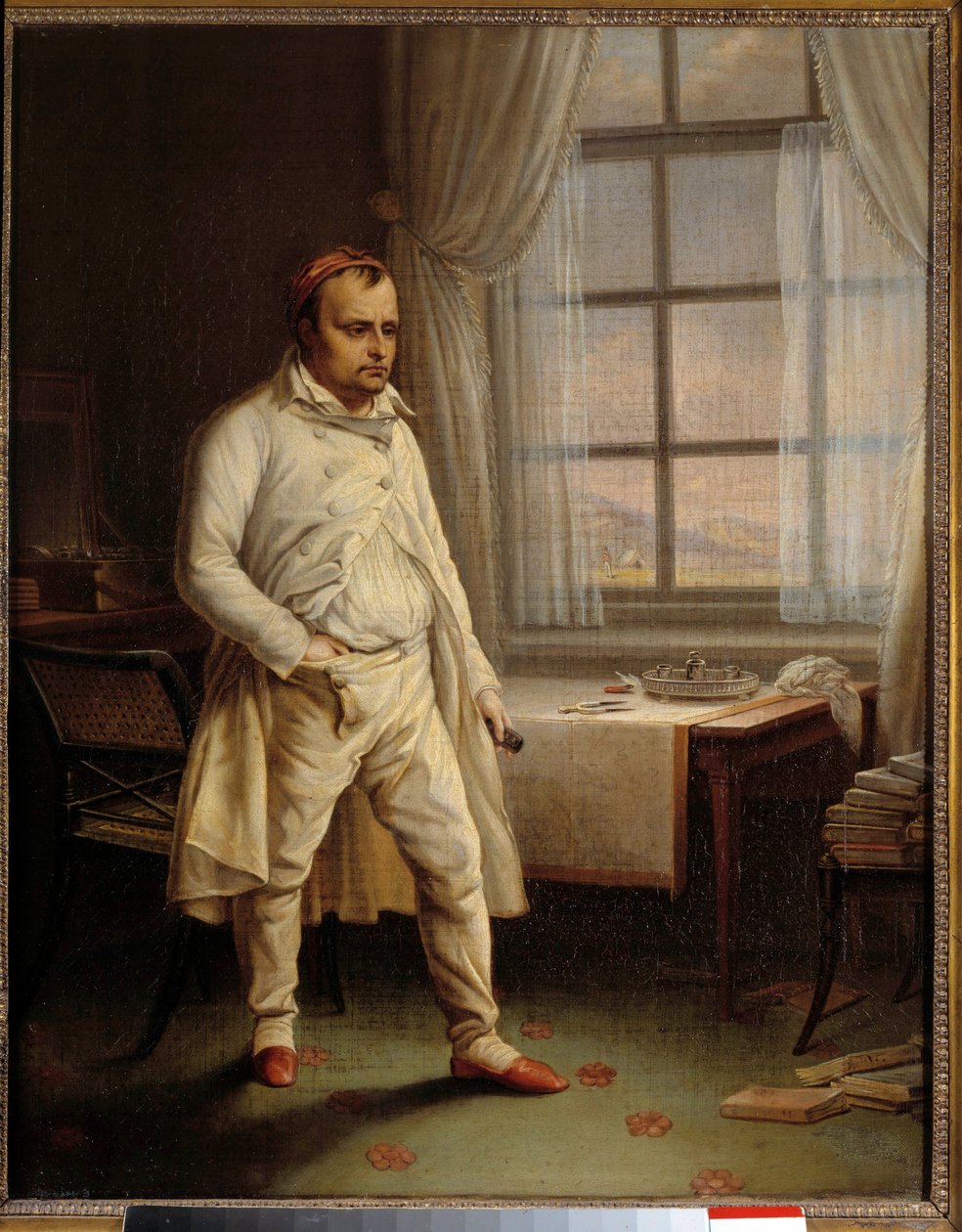 Portrét Napoleona I. (1769-1821) a Sainte Helene v kuse v Longwoodu diktujícím jeho památníky Malba Charlese Auguste Steubena (1788-1856) 1820 Sun. 0,62 x 0,51 m Ile D