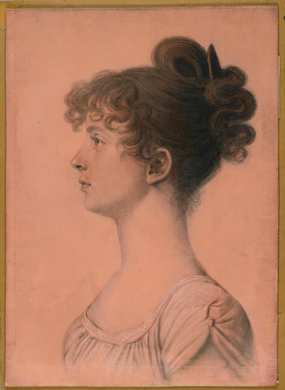 Portrét Elizabeth Bland Mayo z Powhattan Seat, kolem roku 1808 (uhl, bílá křída a bistre pastelová pastelka na papíře položeném na desce) od Charles Balthazar Julien Févret de Saint Mémin