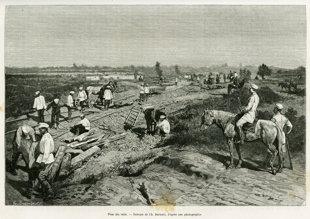 Pokládání transkaspických kolejí. Rytina Ch. Barbant k ilustraci příběhu Voyage a Merv od Edgara Boulangera v le tour du monde 1887, režie Edouard Charton (1807-1890), Hachette, Paříž. od Charles Barbant