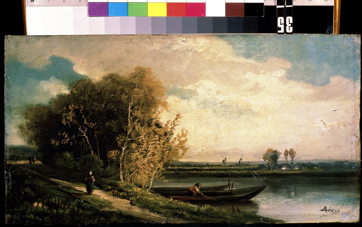 "La berge"" (Pobřeží) Krajina u řeky s rybářem a rolnicí. Obraz Charles Barthelemy Jean Durupt (1804-1838) Muzeum umění Michaila Krošitského z 19. století, Sevastopol (Sevastopol) Ukrajina od Charles Barthelemy Durupt