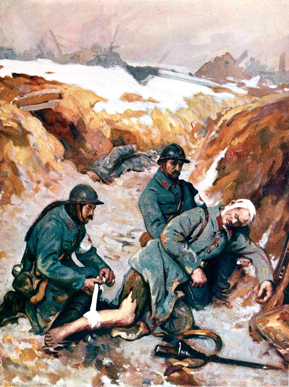 Zdravotní sestry Červeného kříže oblékají zraněného vojáka od Charles Baude