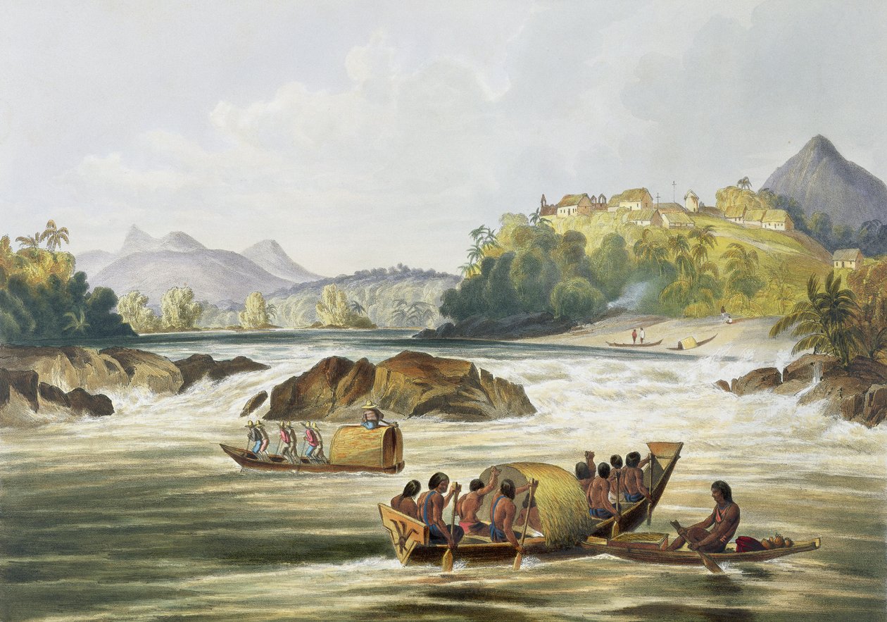Brasilialainen Fort St. Gabriel Rion mustalla, teoksesta "Näkymät Guayanan sisätiloissa", kaiverrus George Barnard (fl.1832-90) pub. kirjoittanut Ackermann, 1840 od Charles Bentley