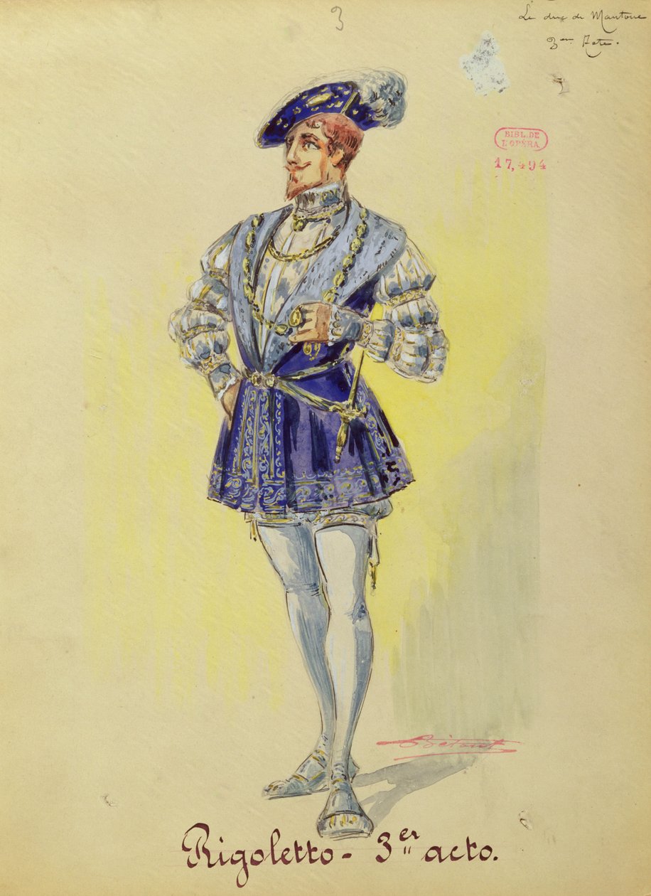 Kostým vévody mantovského z III. dějství Verdiho opery Rigoletto (1813-1901) (akvarel na papíře) od Charles Betout