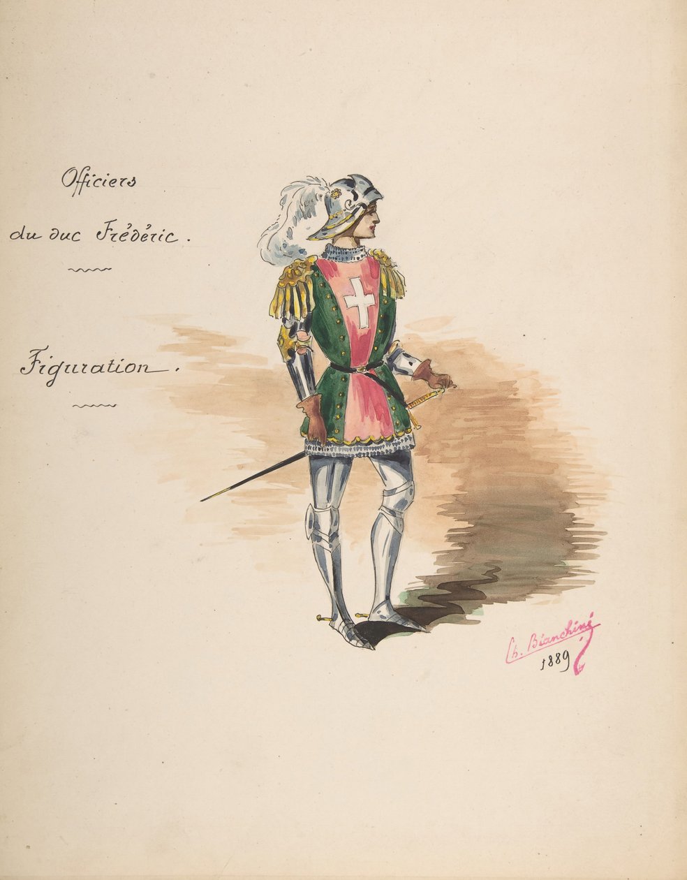 Návrhy kostýmů pro důstojníky vévody Fredericka [a], Popisný list kostýmu..., 1889. od Charles Bianchini