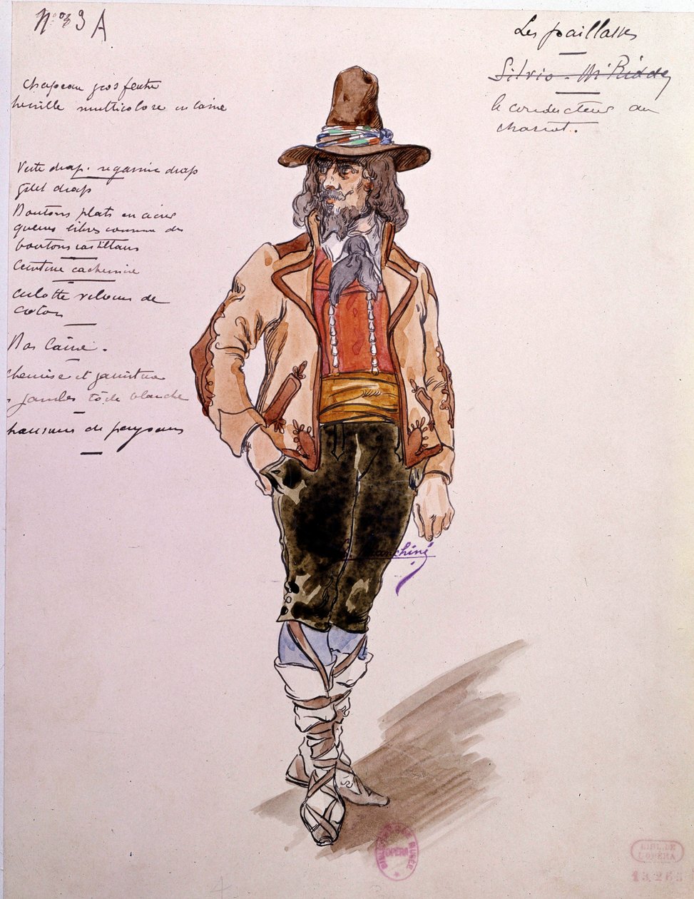 Kostým kočího pro operu “” Paillasse”” (pagliacci, klauni) od Ruggera Leoncavalla (1857-1919) z roku 1892. Akvarel od Charlese Bianchiniho (1860-1905) od Charles Bianchini