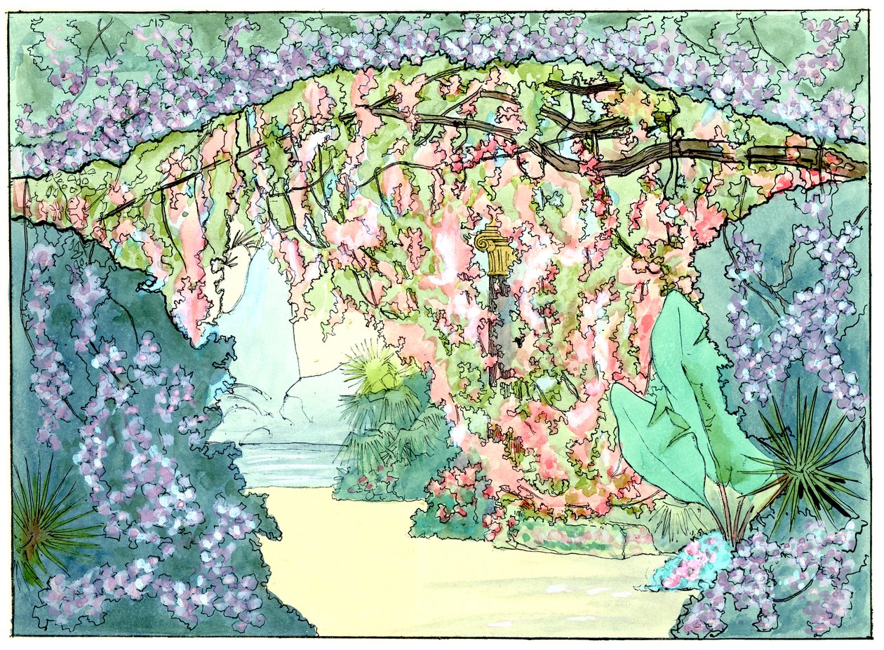 Massenet - Esclarmonde - scéna Charles Bianchini - 2. dějství, 1. scéna, Růžová opona sestupuje - kresba G. Stein, 1889 (b) od Charles Bianchini