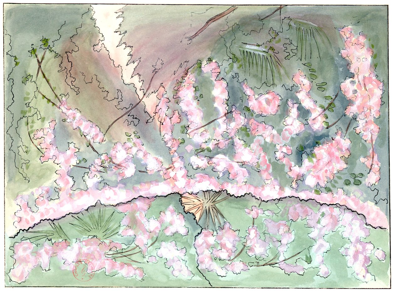 Massenet - Esclarmonde - scéna Charles Bianchini - 2. dějství, 1. scéna, Růžová opona sestupuje - kresba G. Stein, 1889 (c) od Charles Bianchini