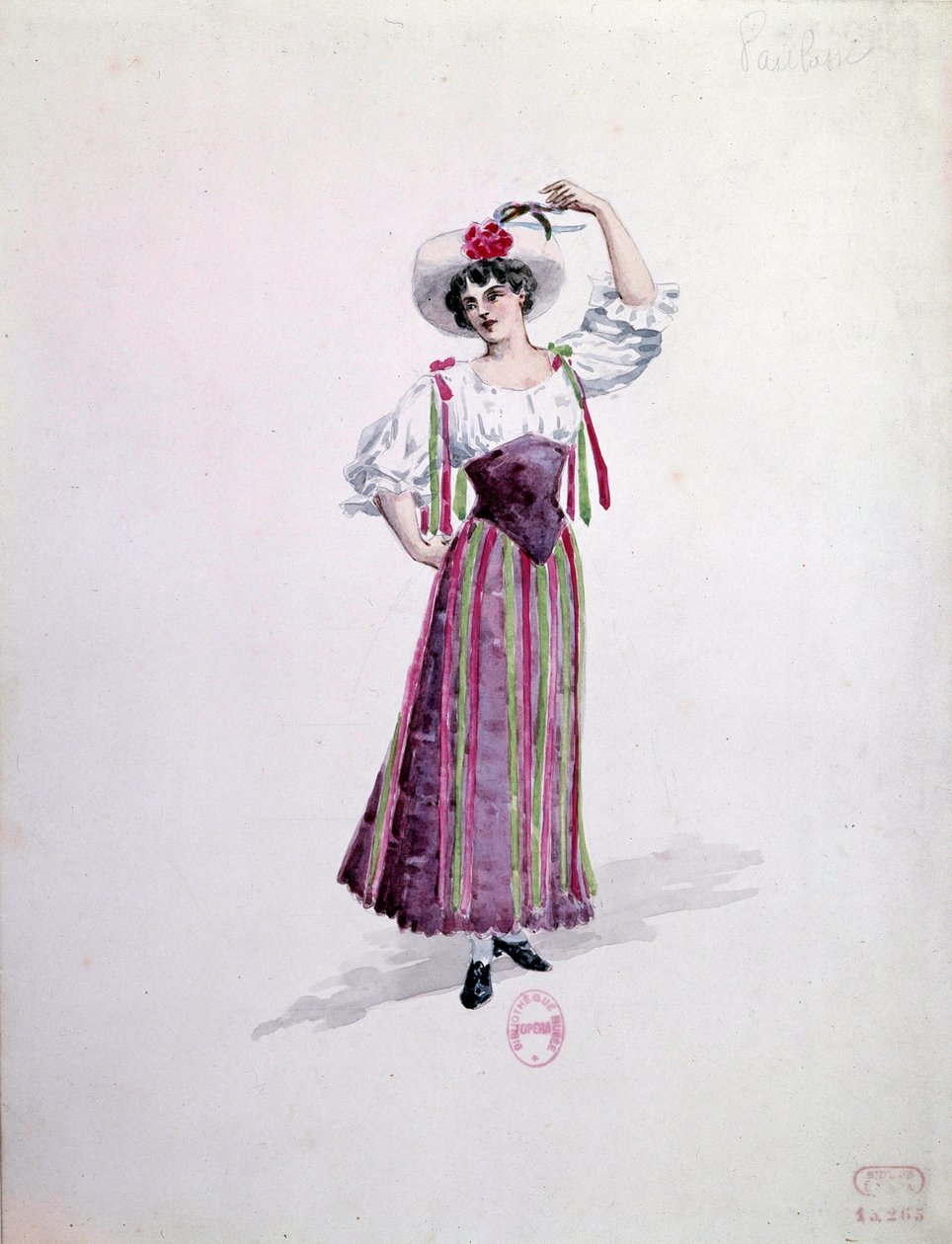 Kostým mladé ženy (Nedda nebo Colombine?) pro operu “” Paillasse”” (komedianti, klauni) od Ruggera Leoncavalla (1857-1919) z roku 1892. Akvarel od Charlese Bianchiniho (1860-1905) od Charles Bianchini