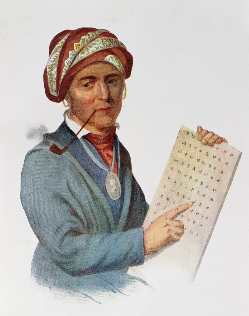 Se-quo-yah nebo George Guess, 1828, ilustrace z knihy "The Indian Tribes of North America, Vol.1", Thomas L. McKenney a James Hall, vyd. John Grant. od Charles Bird King
