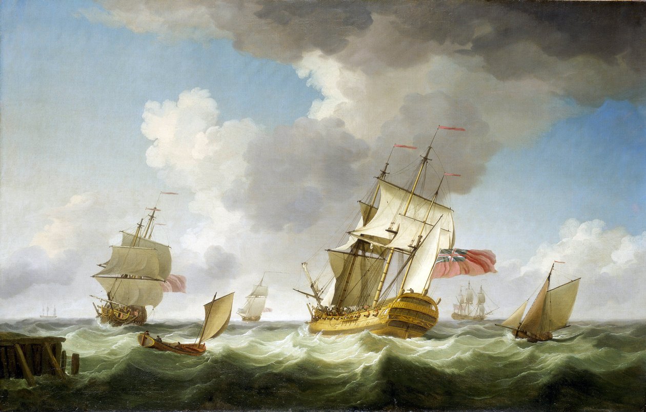 Obchodní loď Britské východoindické společnosti v silném větru poblíž mola, které právě opustila. Olej na plátně, kolem roku 1750, autor Charles Brooking (1723-1759). od Charles Brooking