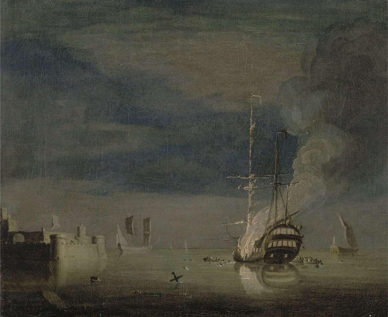 Dvoupatrový požár v noci z pevnosti, kolem roku 1740 (olej na plátně) od Charles Brooking