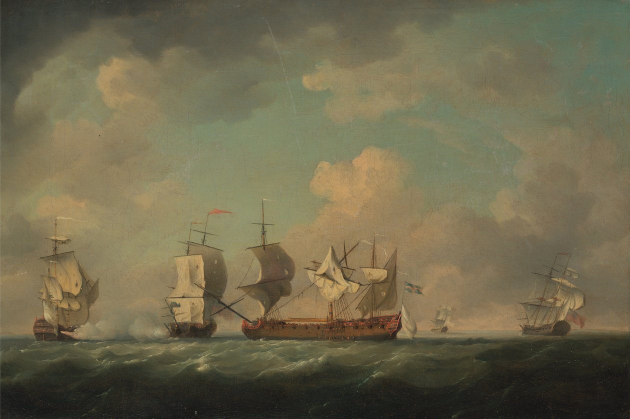 Zachycení francouzských pokladnic markýz dAntin a Louis Erasmé, mezi 1745 a 1755 od Charles Brooking