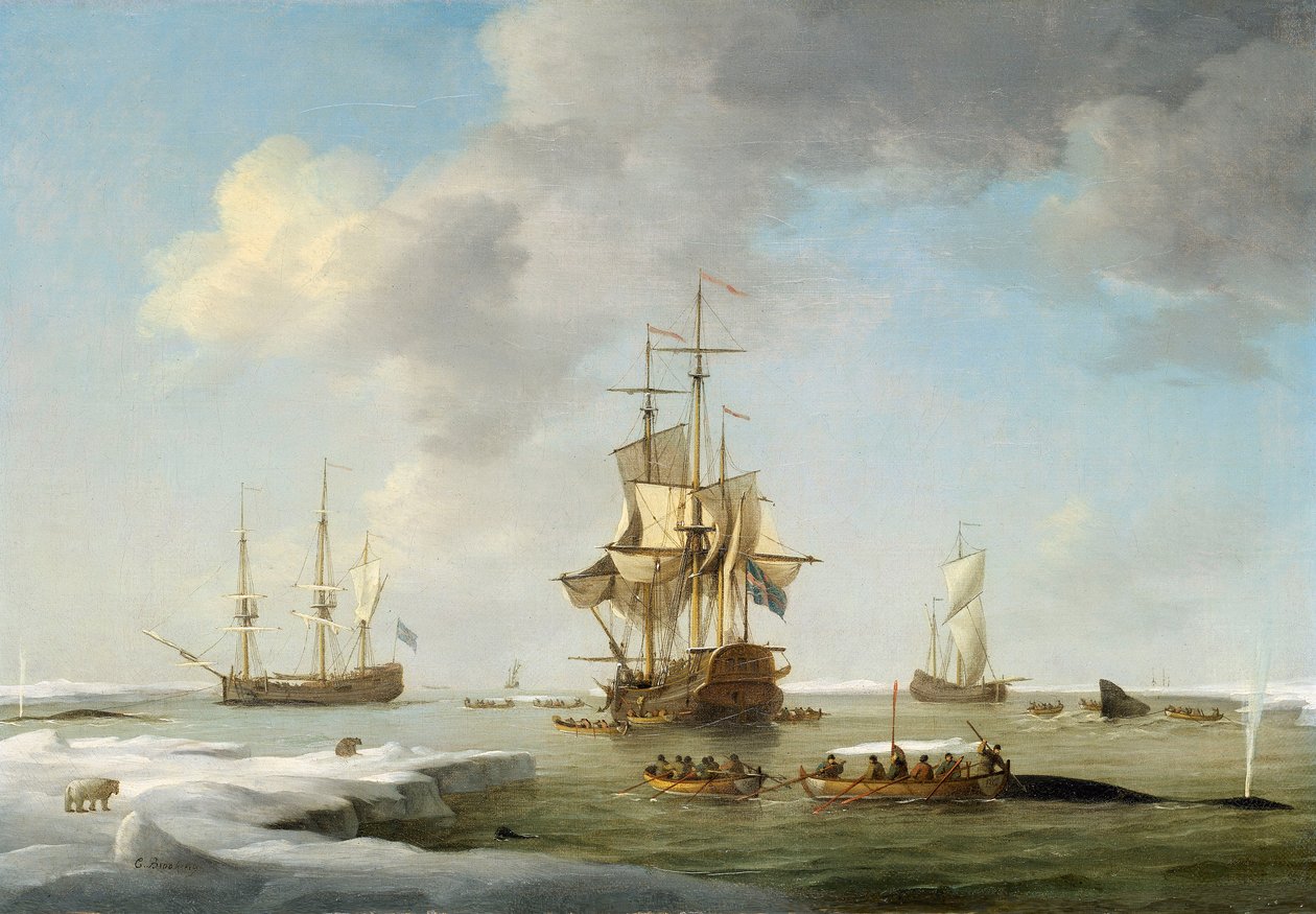 Grónský rybolov: Angličtí velrybáři v ledu, asi 1750 (olej na plátně) od Charles Brooking