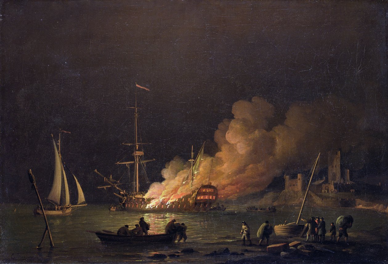 Loď v ohni v noci, kolem 1756 (olej na plátně) od Charles Brooking