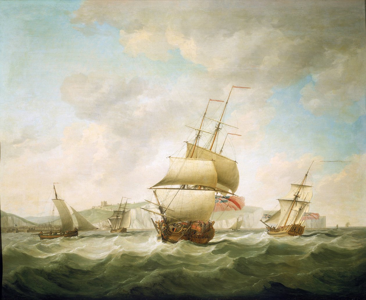 Obchodní loď a královská jachta se bijí ve větru u pobřeží Doveru (Anglie). Olej na plátně, kolem roku 1750, autor Charles Brooking (1723-1759). od Charles Brooking
