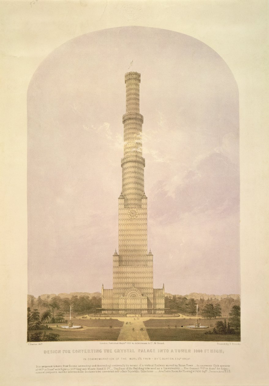 Návrh na přestavbu Křišťálového paláce na 1000 stop vysokou věž, nakladatelství Ackermann und Co., 1852. od Charles Burton