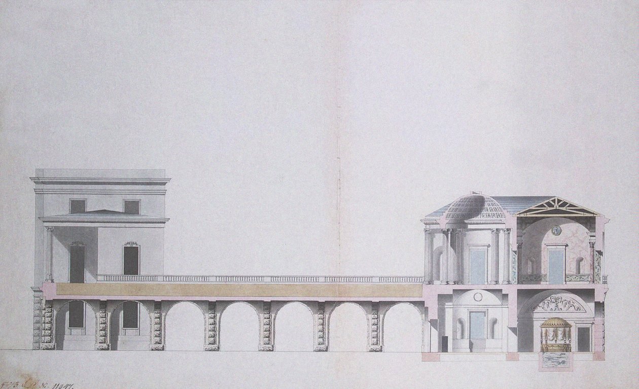 Průřez achátovým pavilonem a visutou zahradou v Carskoje Selo, kolem roku 1780 (pero a inkoust s wc na papíře) od Charles Cameron
