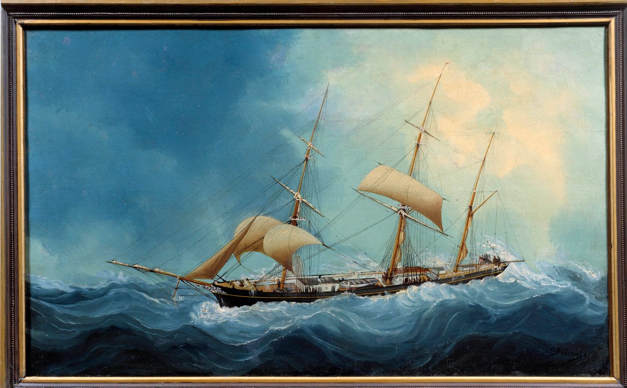 Plachetnice se třemi rohožemi za letu Obraz Charlese Cheri Dubreuila (Cheri-Dubreuil) (1828-1880) 1865 - Fecamp. Musee Des Terre Neuvas – Třístěžňová loď prchající. Obraz Charlese Dubreuila (19. století) od Charles Cheri Dubreuil