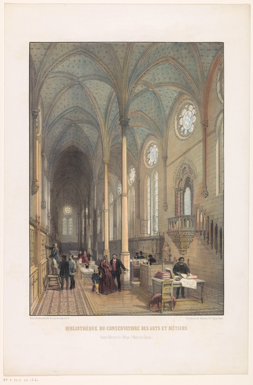 Interiér knihovny Uměleckoprůmyslové konzervatoře Knihovna konzervatoře uměleckých řemesel (bývalý refektář opatství St Martin des Champs) (název na objektu) od Charles Claude Bachelier