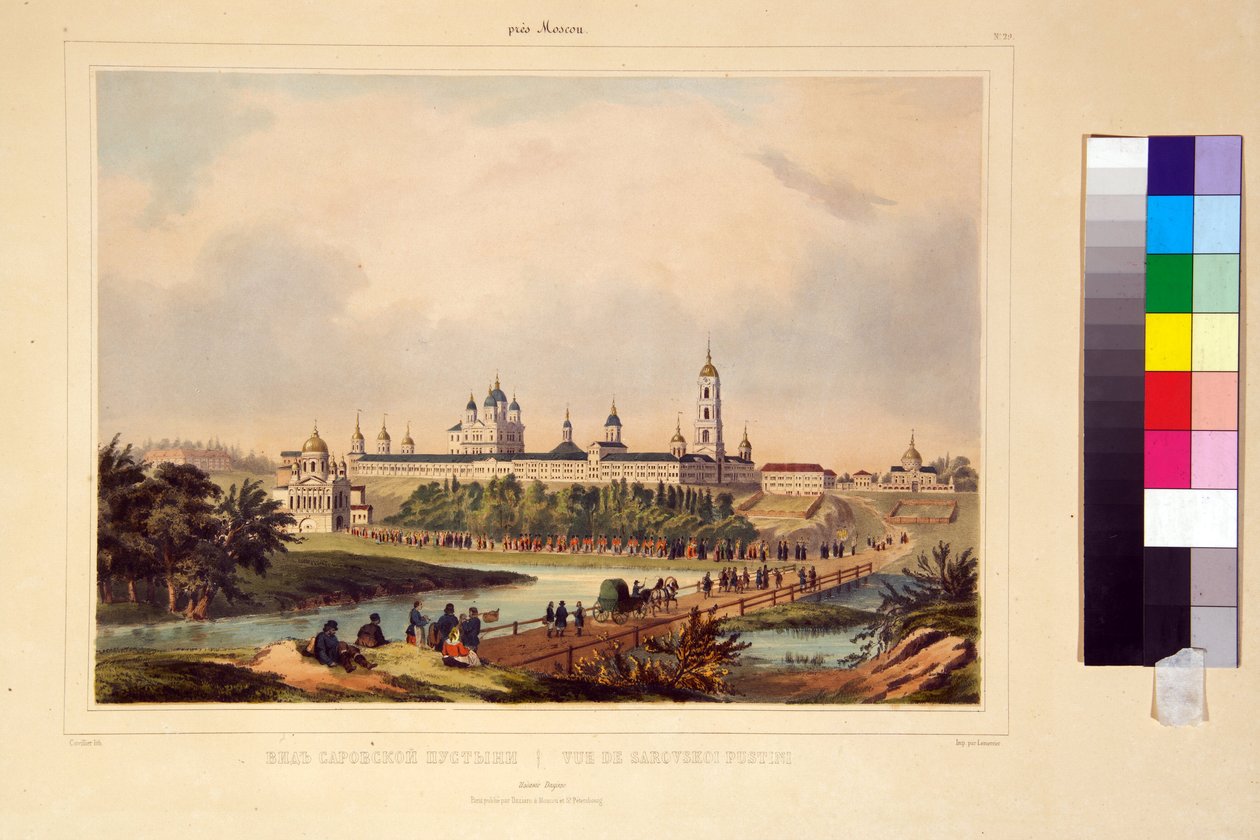 Pohled na Sarovský klášter. Klášter Seraphim (Serafim) ze Sarova (1759-1833), pravoslavného světce. Dílo Charlese Clauda Bacheliera (1. polovina 19. století), rytina kolorovaná akvarelem, počátek 19. století. Umění od Charles Claude Bachelier