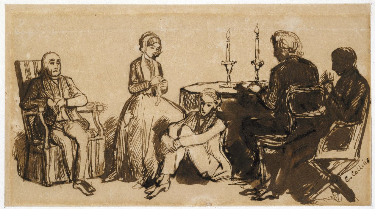 Večer v Combesově domě, 1850-51 (pero a hnědý inkoust na světle hnědém papíře) od Charles Collins