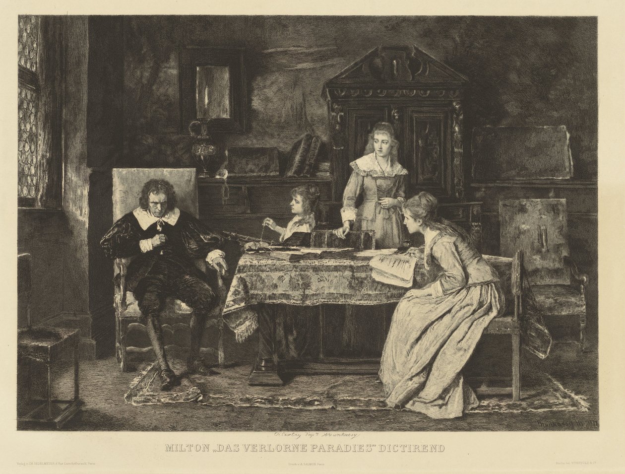 Milton, sedící v křesle, diktuje svůj ztracený ráj jedné ze svých dcer. V den r. r. h. Munkacsy v roce 1878. Na okraji: Ch. Courty d