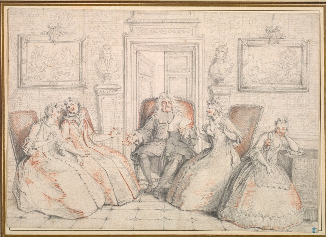 Trissotin Reading Philaminte, Bélise a Armande (z dějství 3, scéna 2 Molièrových "Les Femmes Savantes" od Charles Coypel
