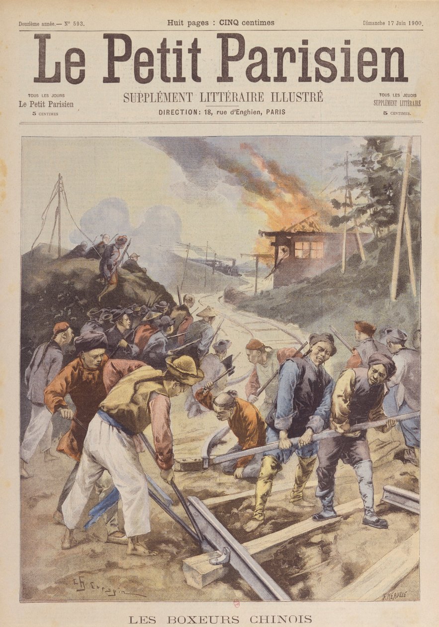 Boxerské povstání (1900-01), Boxeři sabotují železnici, červen 1900 (tisk) od Charles Crespin
