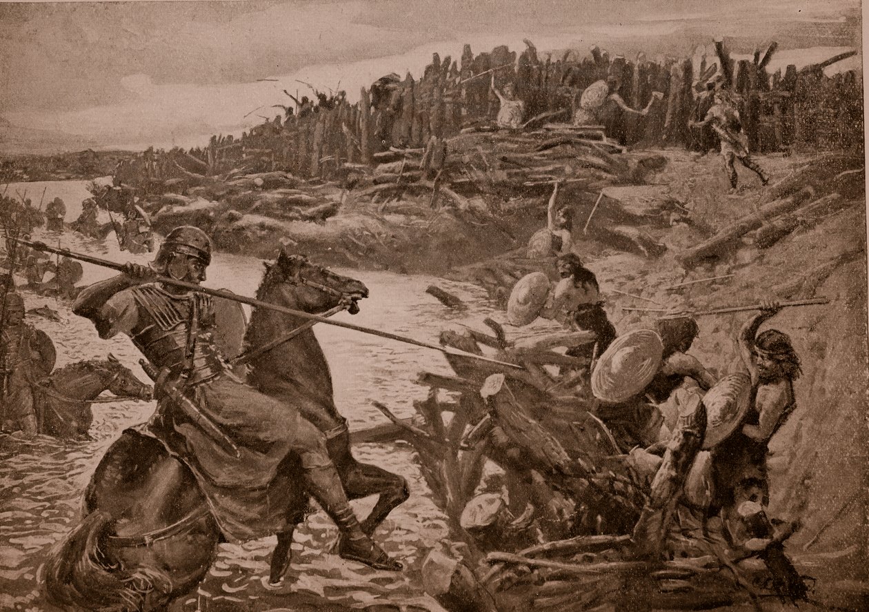 Caesar překračuje Temži, ilustrace z „Hutchinsonova příběhu britského národa“, kolem roku 1920 od Charles Daniel Ward