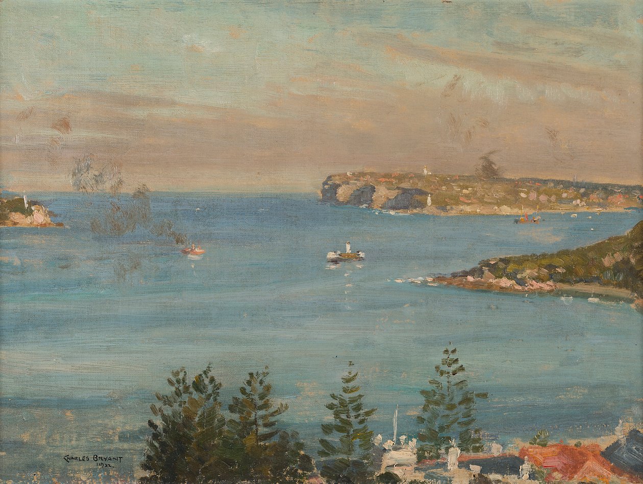Pohled směrem k Sydney Heads ze severu města (olej na palubě) od Charles David Jones Bryant
