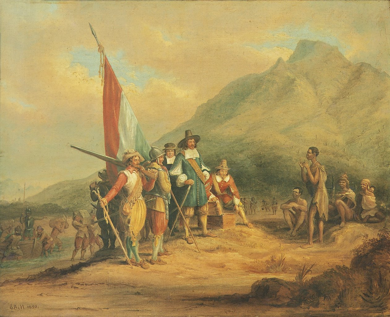 Příjezd Jana van Riebeecka a jeho mužů na Mys Dobré naděje v dubnu 1652 od Charles Davidson Bell