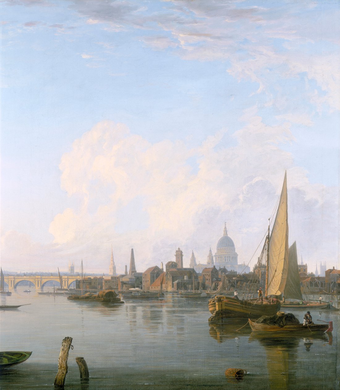 „Waterloo Bridge a Lambeth Waterfront z Westminster Stairs“, 1821 od Charles Deane