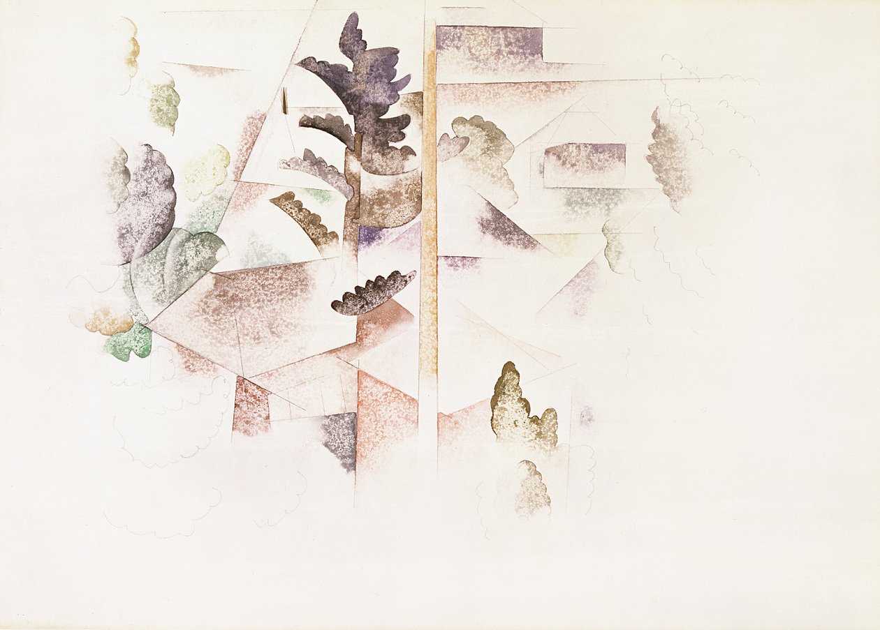 Bermudy, stromy a architektura, cca 1917 (wc na papíře) od Charles Demuth