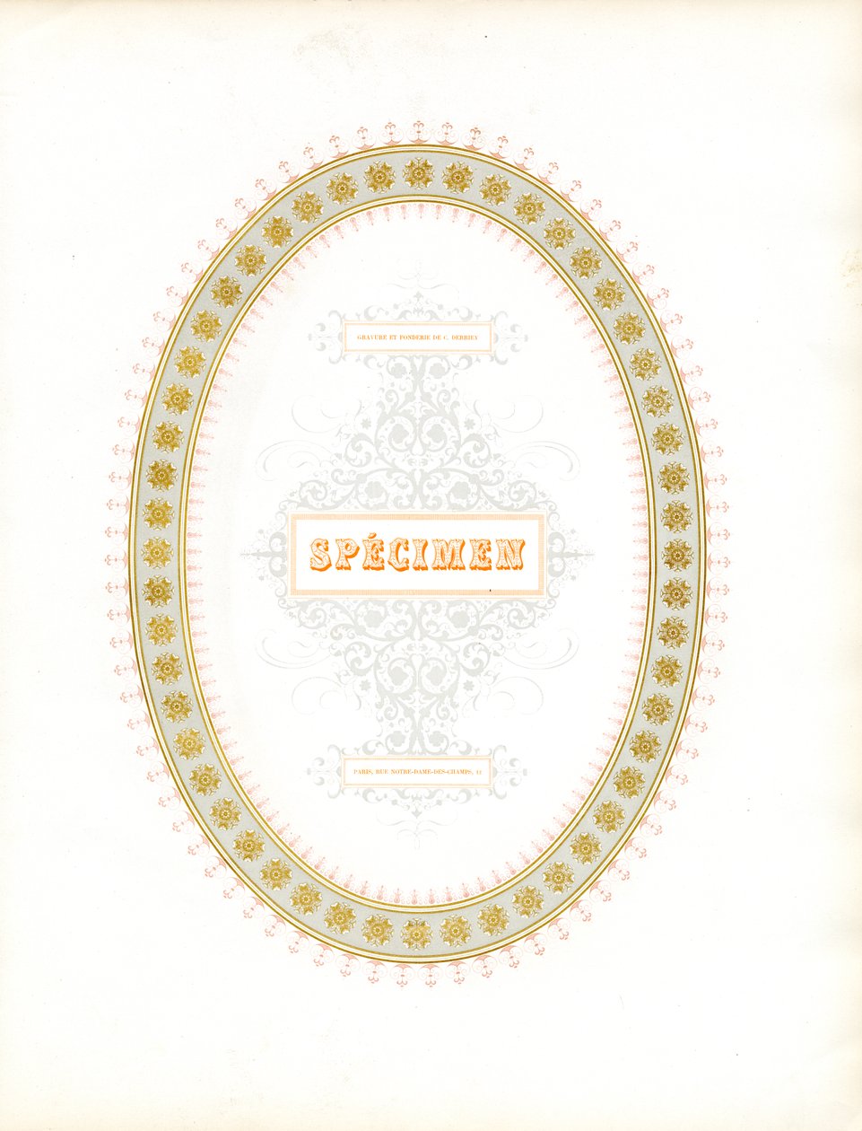 Oválný ornamentální rámeček s typografickým vzorovým písmem (tisk) od Charles Derriey